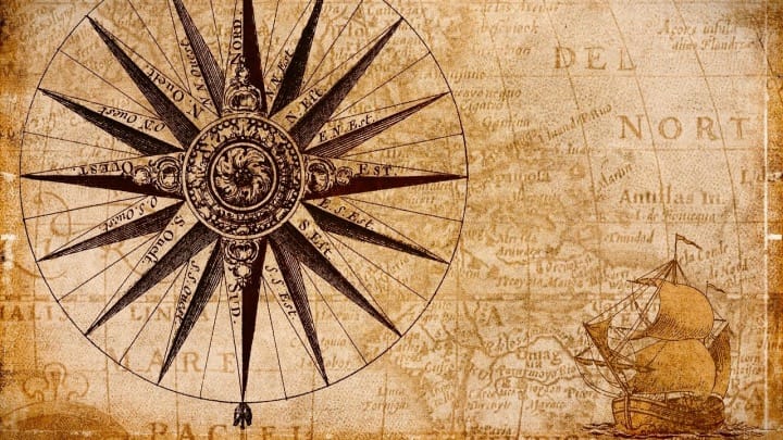 Old Map Picturing a Compass and a Sailing Ship